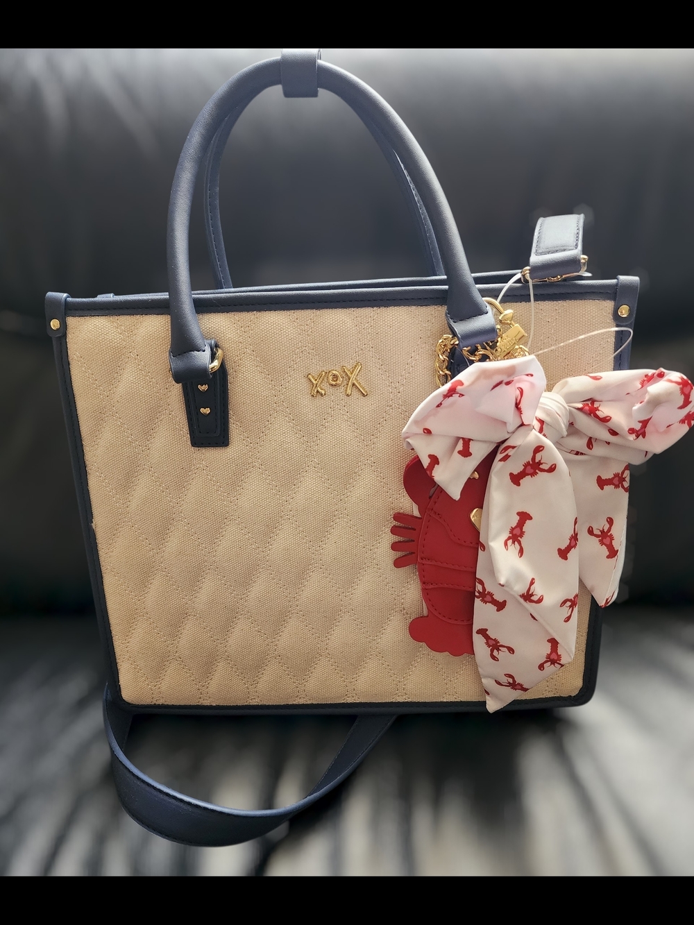 🦞Betsey Johnson Quilted Beige & Navy Tote Bag with Red Lobster Charm and Bow